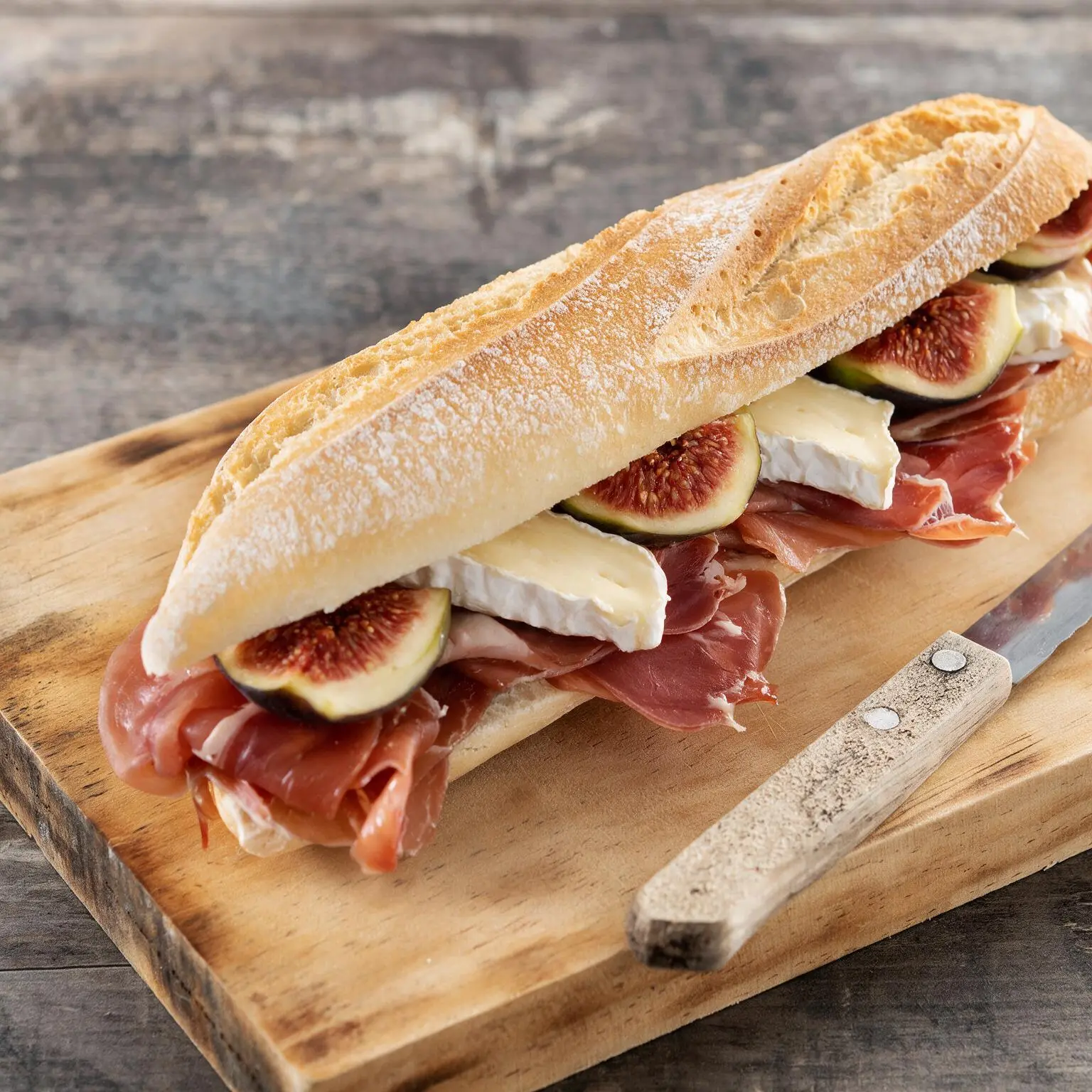 Baguette de prosciutto, queso brie e higos